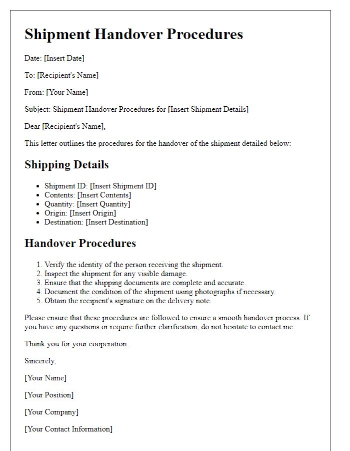 Letter template of specified shipment handover procedures