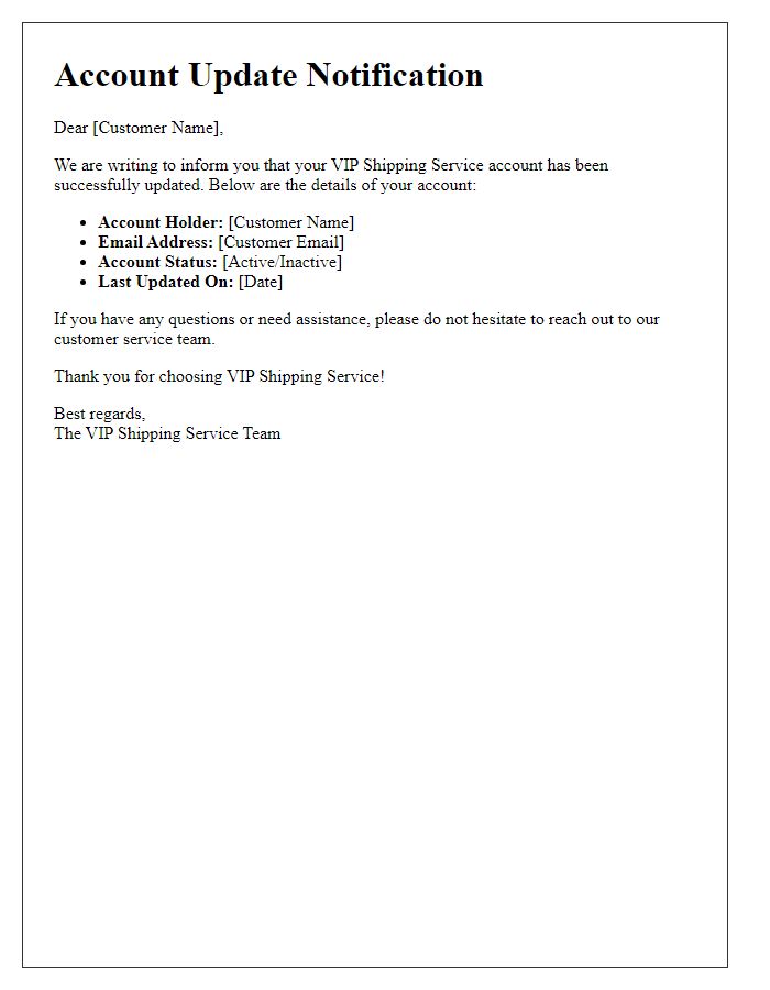 Letter template of VIP shipping service account update.