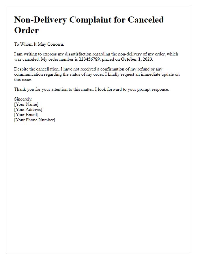 Letter template of non-delivery complaint for canceled order