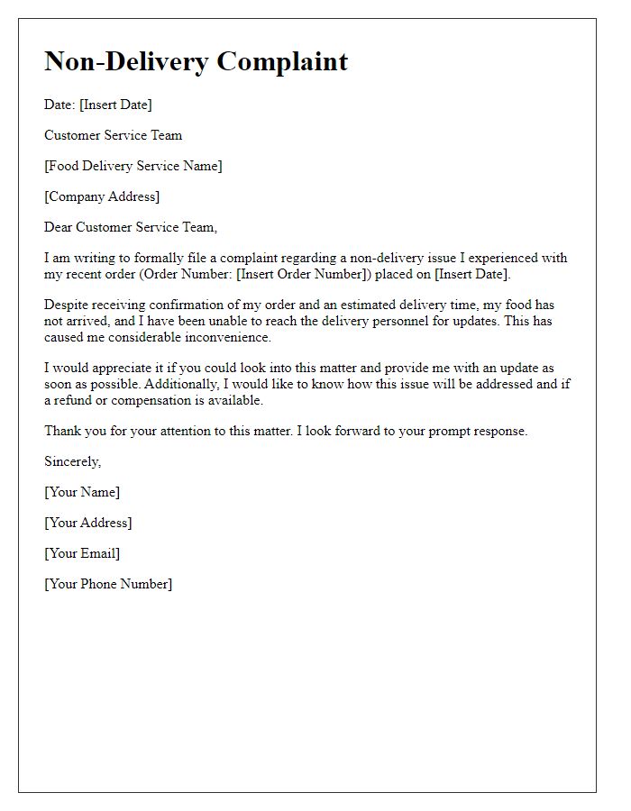 Letter template of non-delivery complaint for food delivery service