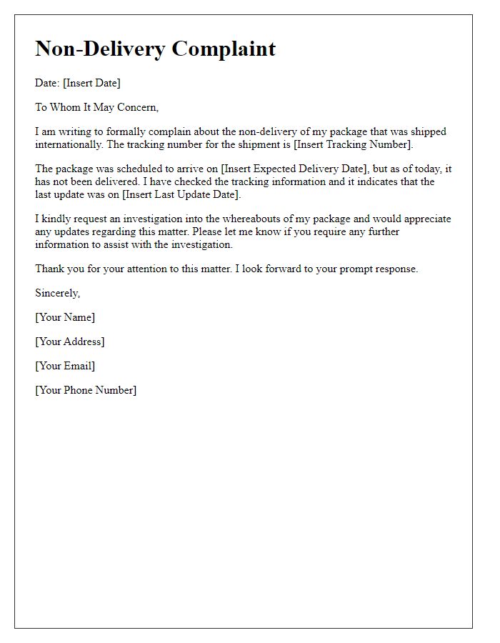 Letter template of non-delivery complaint for international shipping