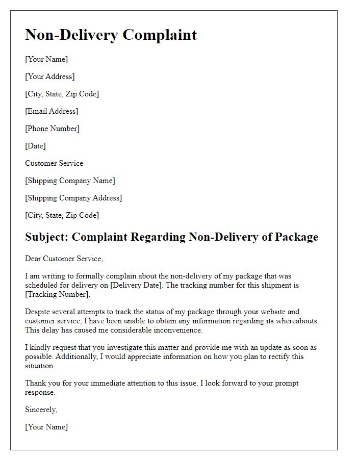 Letter template of non-delivery complaint for package shipment