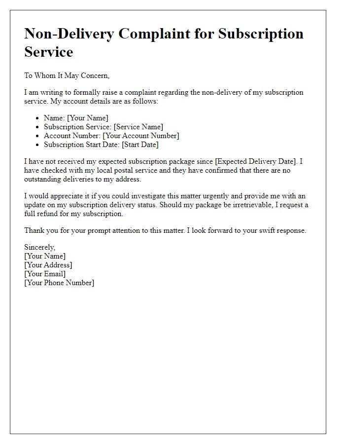 Letter template of non-delivery complaint for subscription service