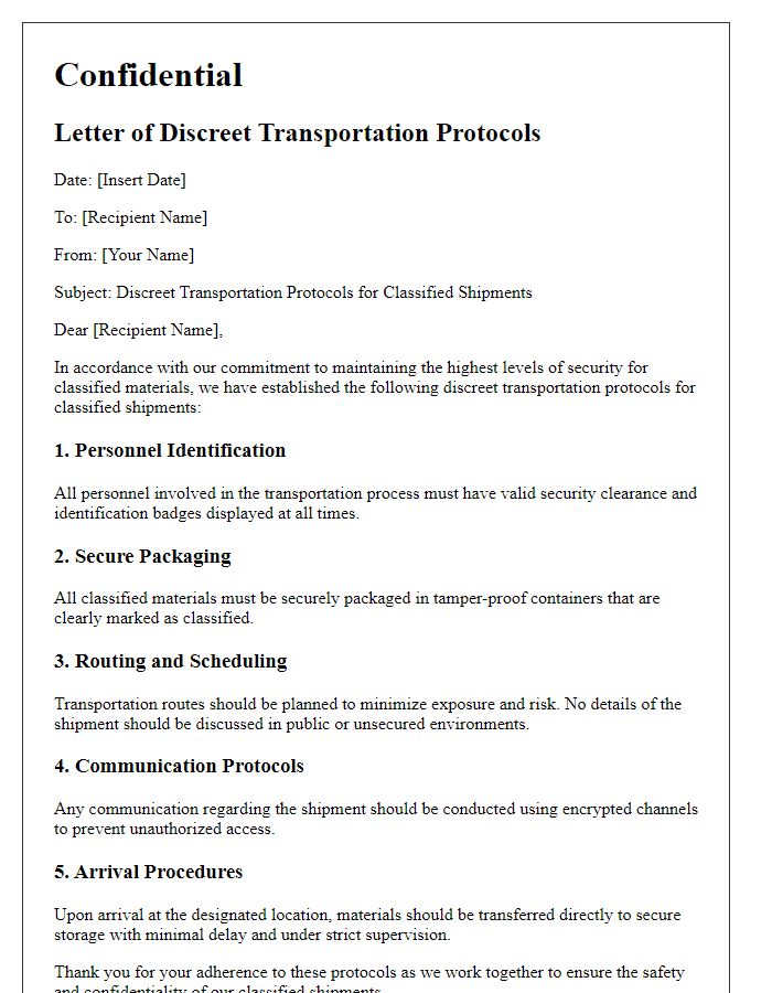 Letter template of discreet transportation protocols for classified shipments.