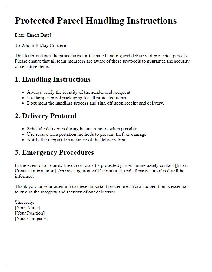 Letter template of protected parcel handling for secure deliveries.