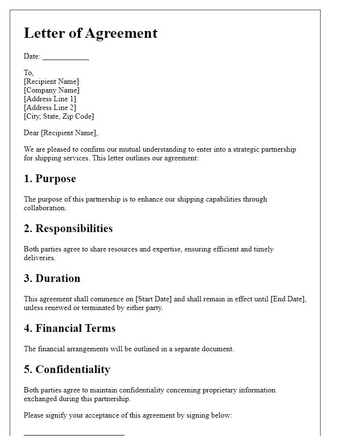 Letter template of agreement for strategic shipping partnership