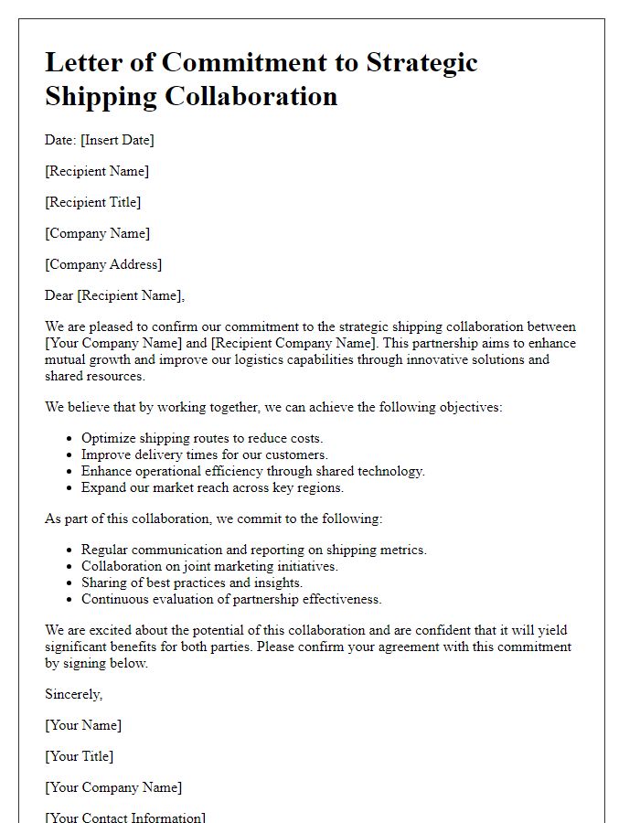 Letter template of commitment to a strategic shipping collaboration