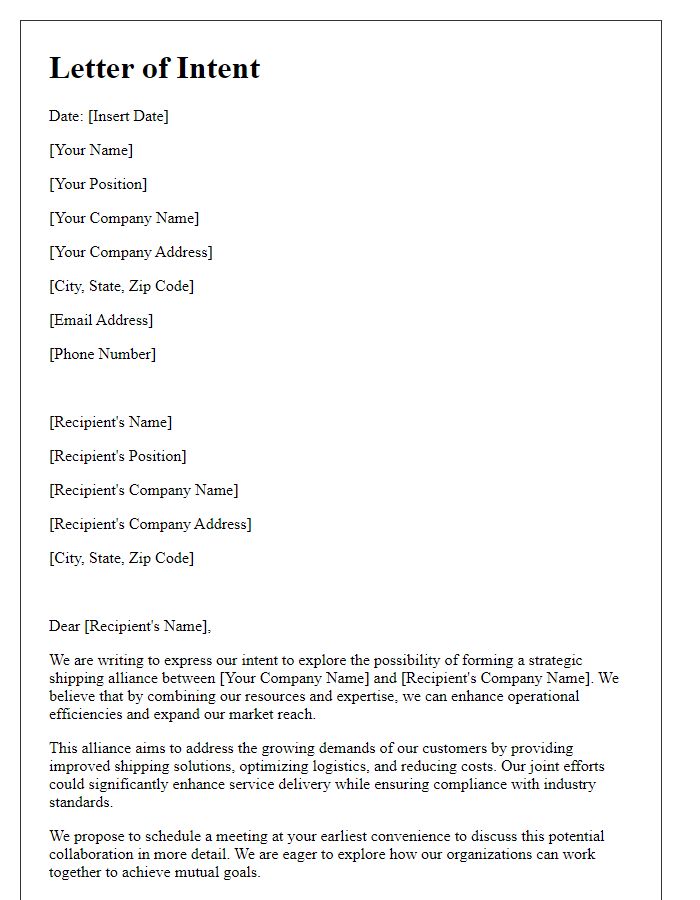 Letter template of intent to form a strategic shipping alliance