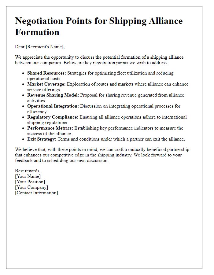 Letter template of negotiation points for shipping alliance formation