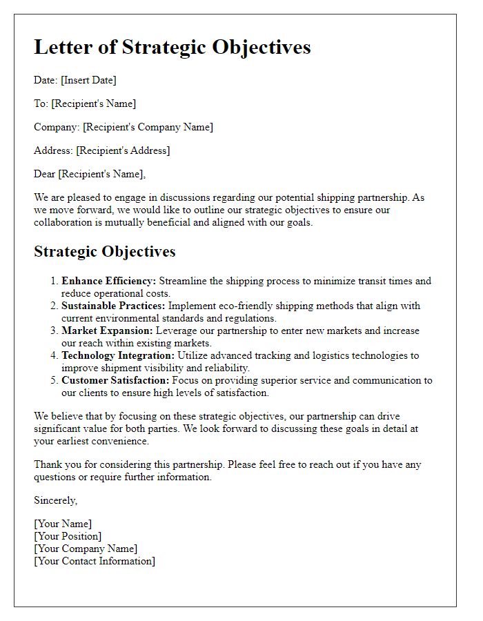 Letter template of strategic objectives in shipping partnership discussions