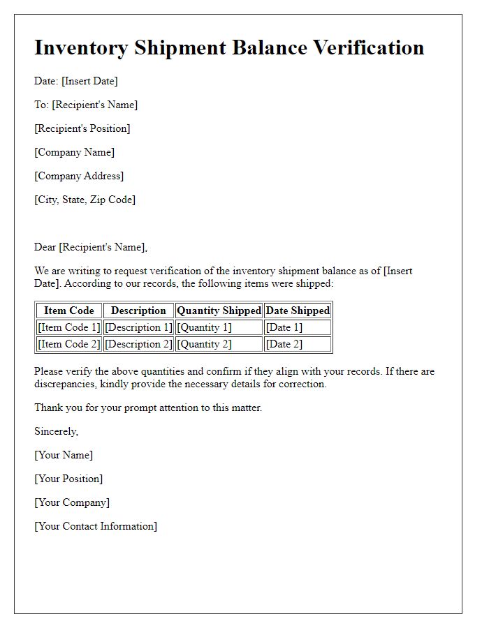 Letter template of inventory shipment balance verification