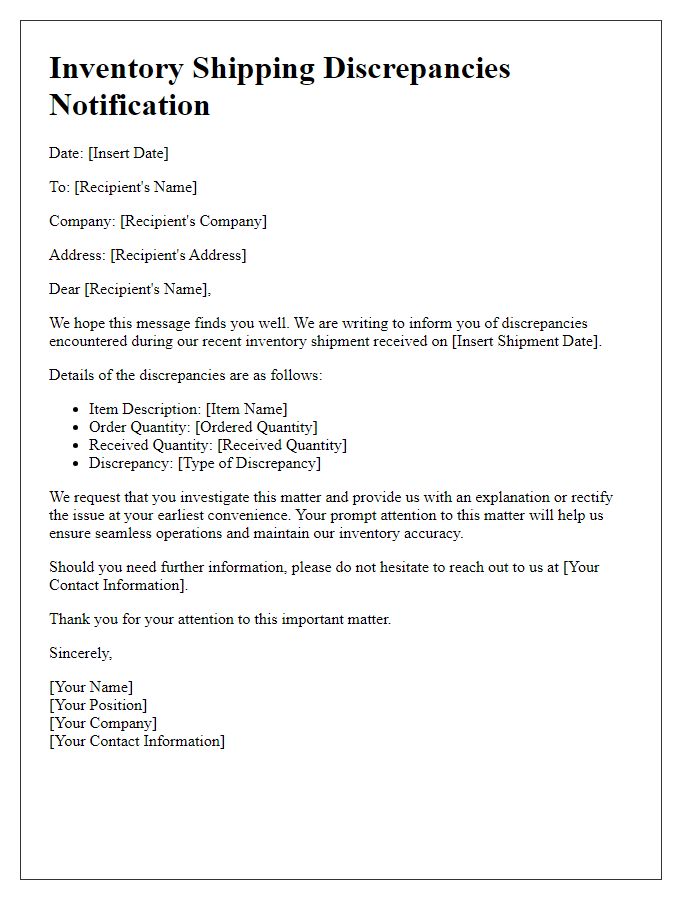 Letter template of inventory shipping discrepancies notification