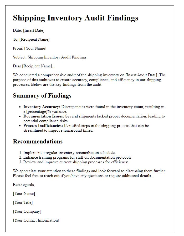 Letter template of shipping inventory audit findings