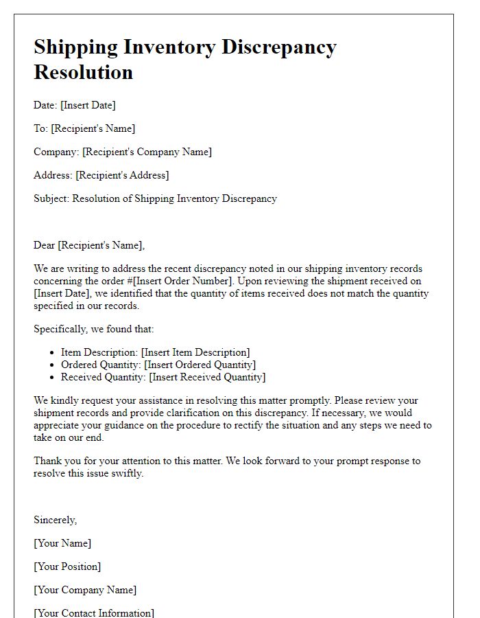 Letter template of shipping inventory discrepancy resolution