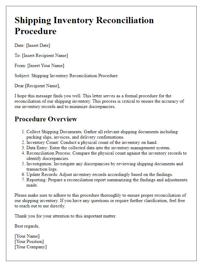 Letter template of shipping inventory reconciliation procedure