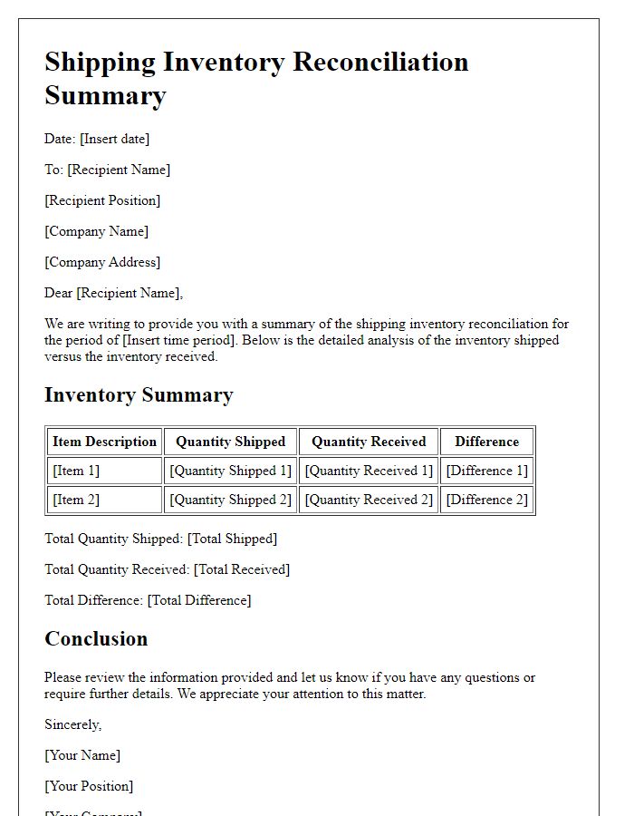 Letter template of shipping inventory reconciliation summary