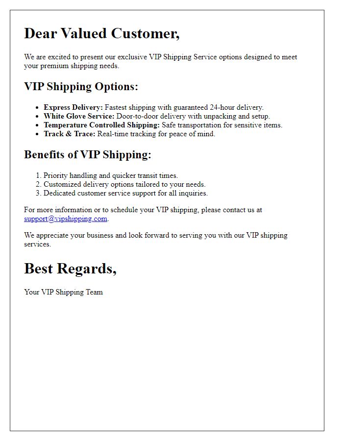 Letter template of VIP shipping service options.