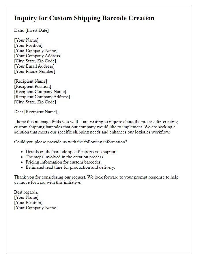 Letter template of inquiry for custom shipping barcode creation