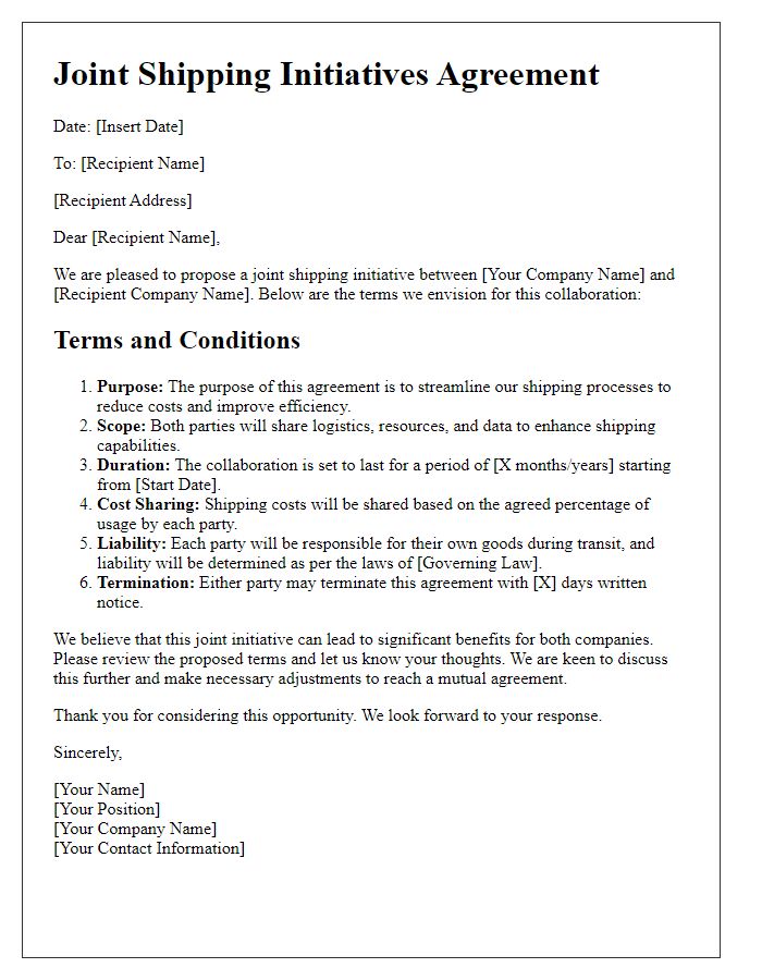 Letter template of terms for joint shipping initiatives