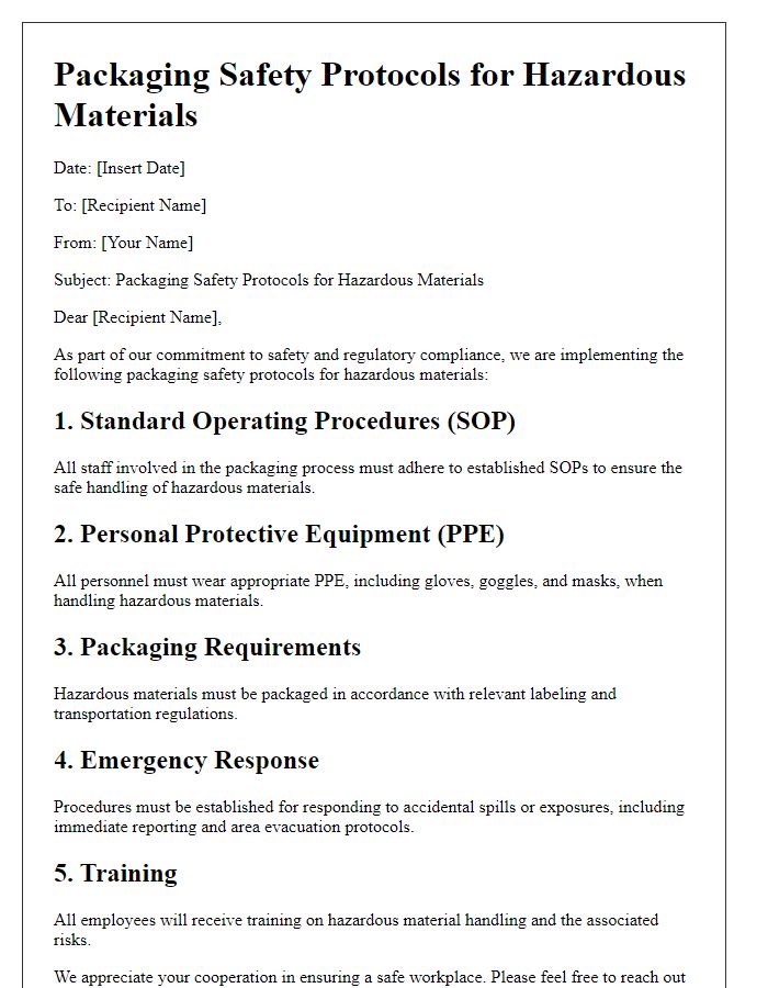 Letter template of packaging safety protocols for hazardous materials