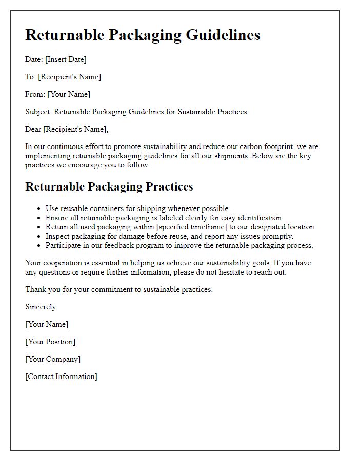 Letter template of returnable packaging guidelines for sustainable practices