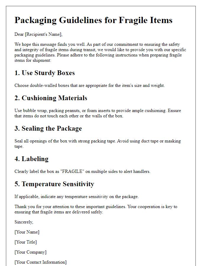 Letter template of specific packaging guidelines for fragile items