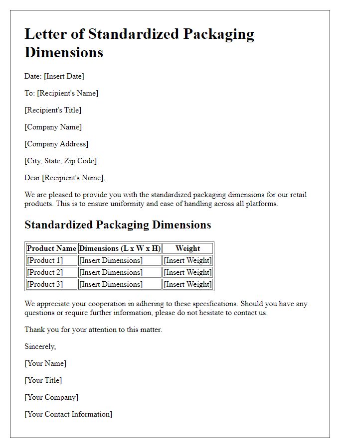 Letter template of standardized packaging dimensions for retail products