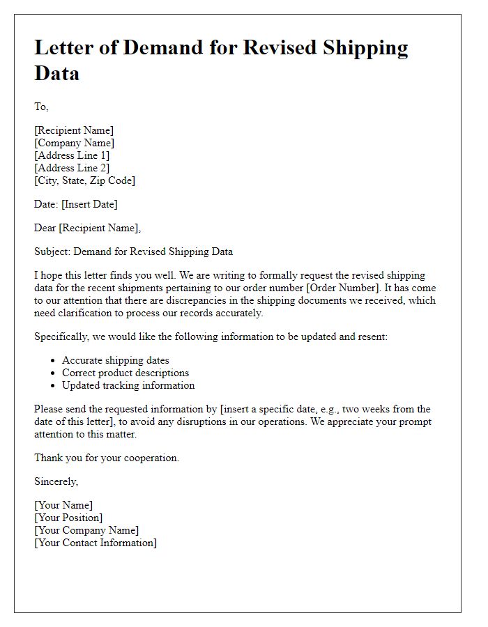 Letter template of Demand for Revised Shipping Data