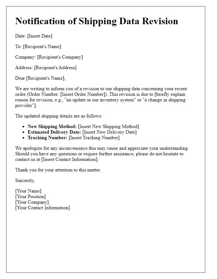 Letter template of Notification of Shipping Data Revision