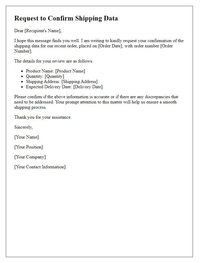 Letter template of Request to Confirm Shipping Data