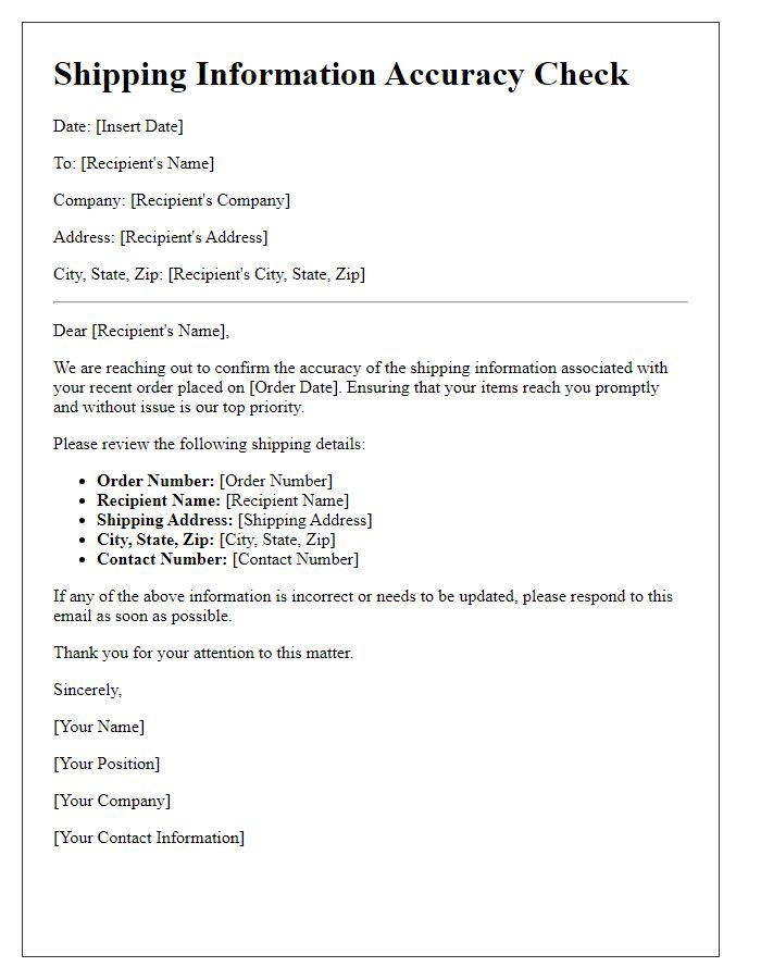 Letter template of Shipping Information Accuracy Check