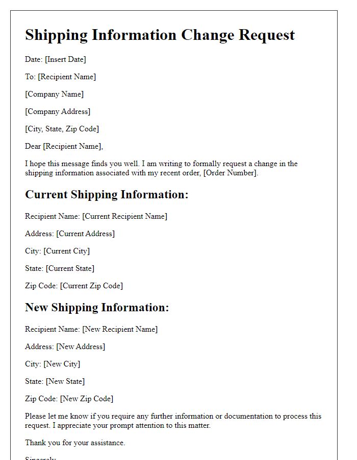 Letter template of Shipping Information Change Request