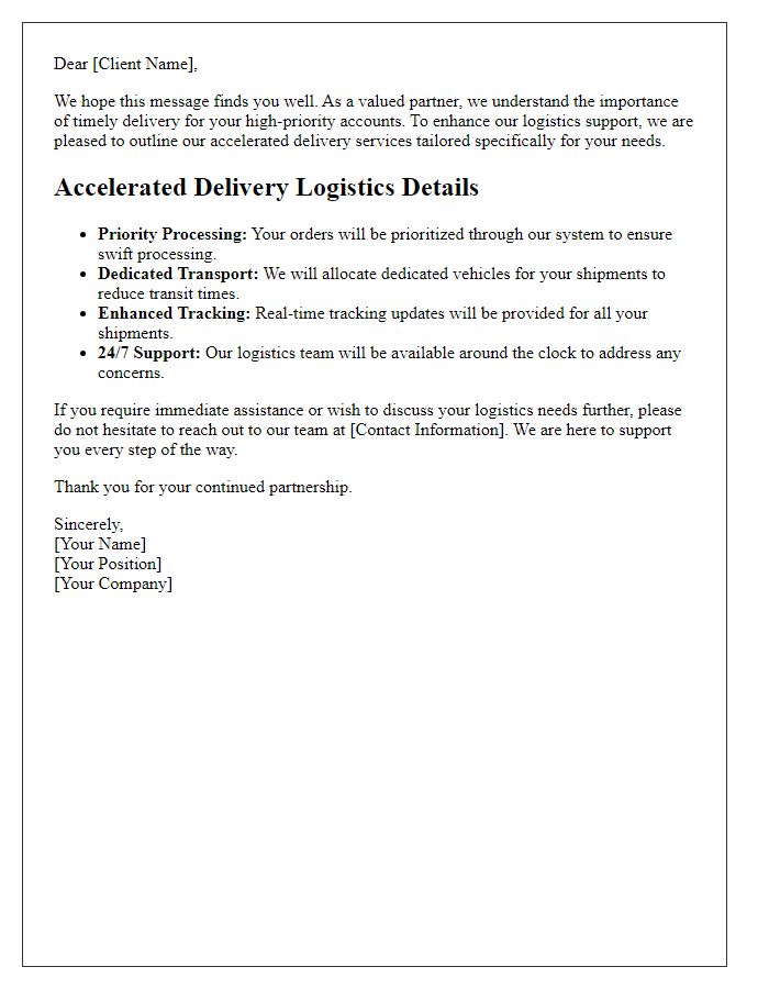 Letter template of accelerated delivery logistics for high-priority accounts