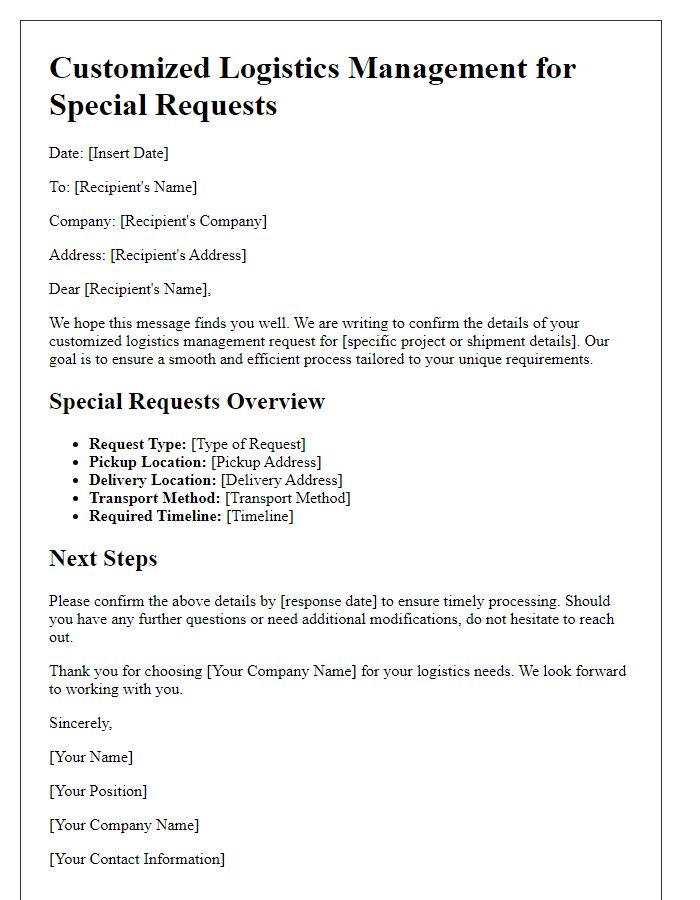 Letter template of customized logistics management for special requests