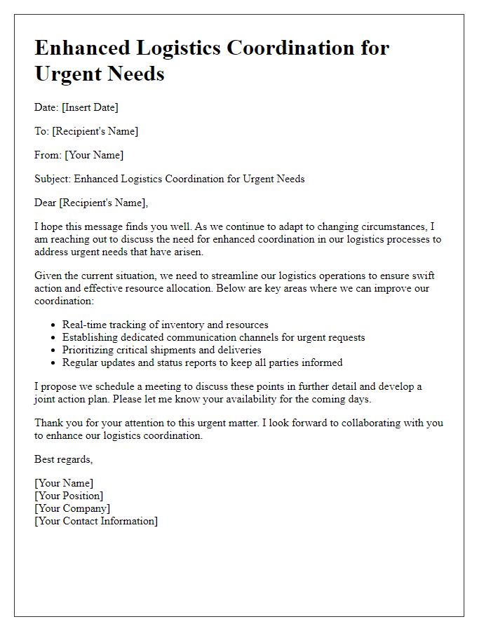 Letter template of enhanced logistics coordination for urgent needs