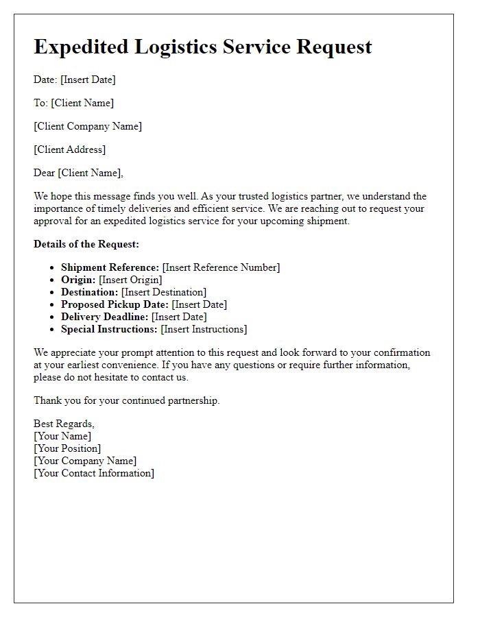 Letter template of expedited logistics service request for key clients