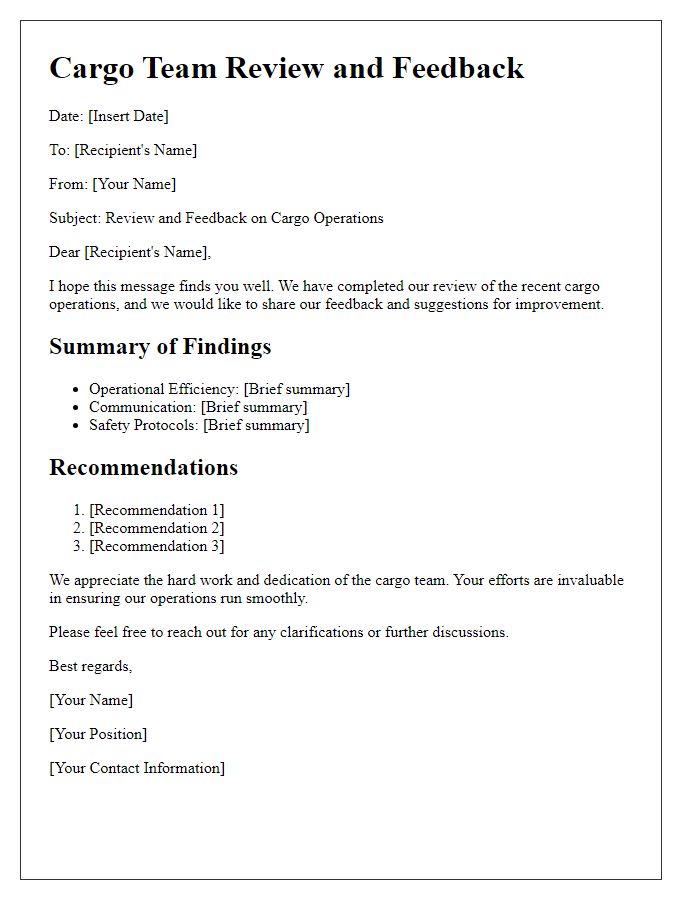 Letter template of cargo team review and feedback.