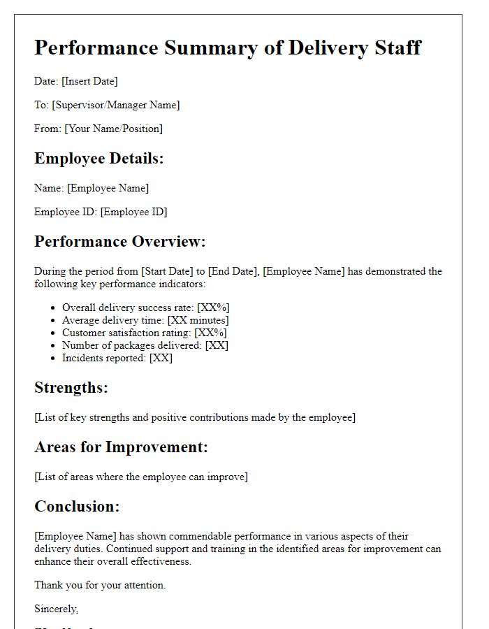 Letter template of delivery staff performance summary.