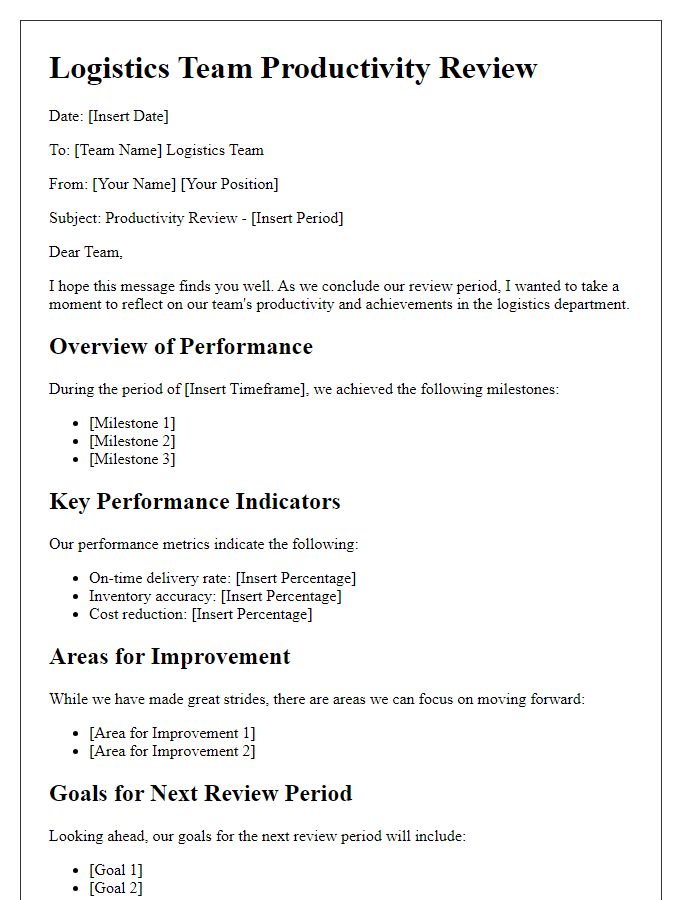 Letter template of logistics team productivity review.