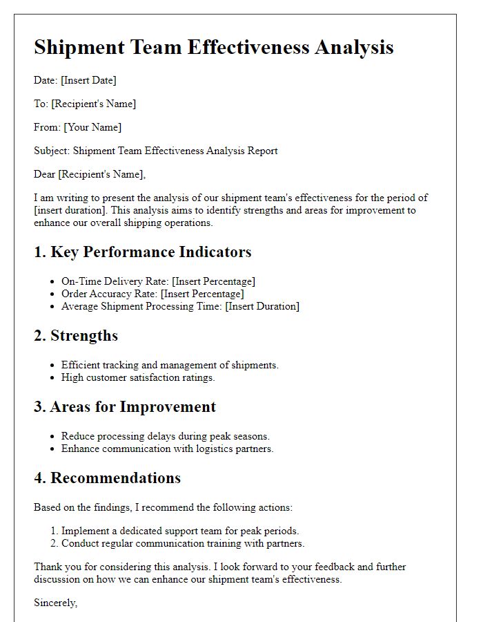 Letter template of shipment team effectiveness analysis.