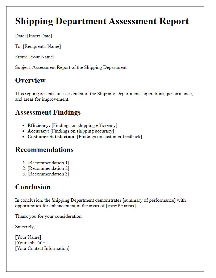 Letter template of shipping department assessment report.