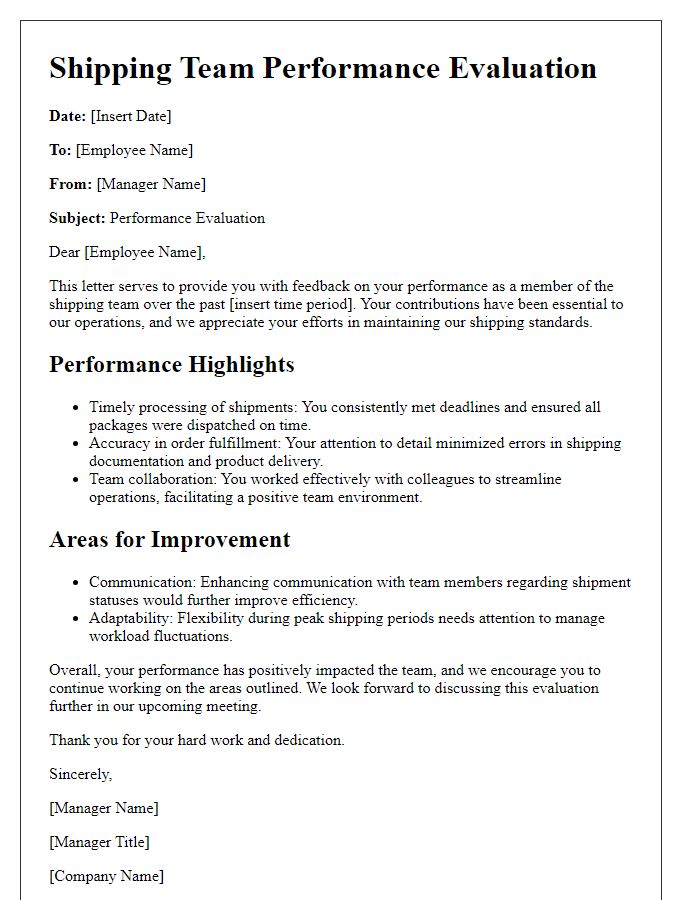 Letter template of shipping team performance evaluation.