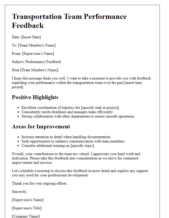 Letter template of transportation team performance feedback.