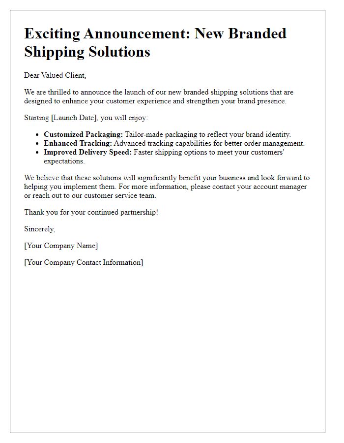 Letter template of branded shipping solutions announcement to clients