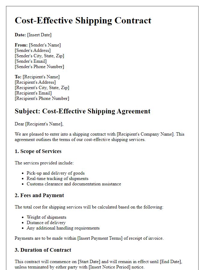 Letter template of cost-effective shipping contract