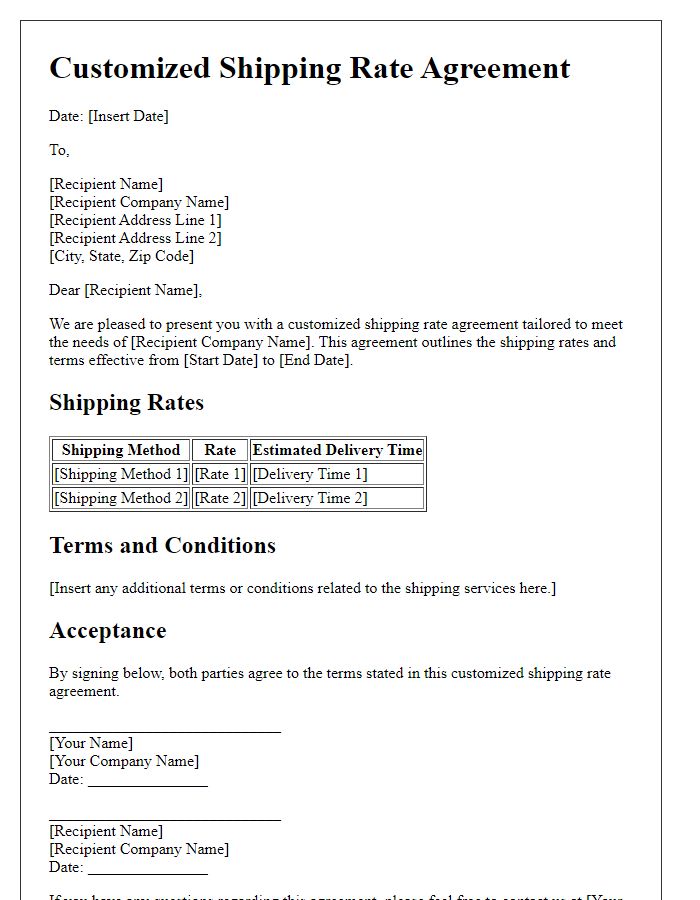 Letter template of customized shipping rate agreement