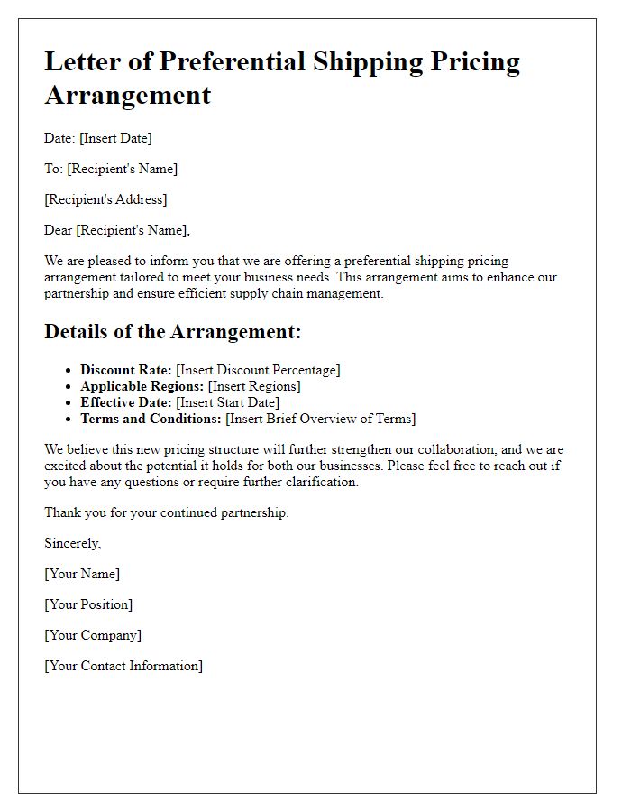 Letter template of preferential shipping pricing arrangement