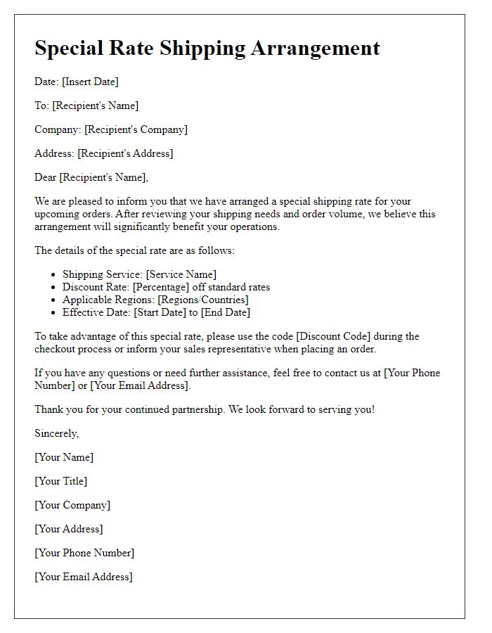 Letter template of special rate shipping arrangement