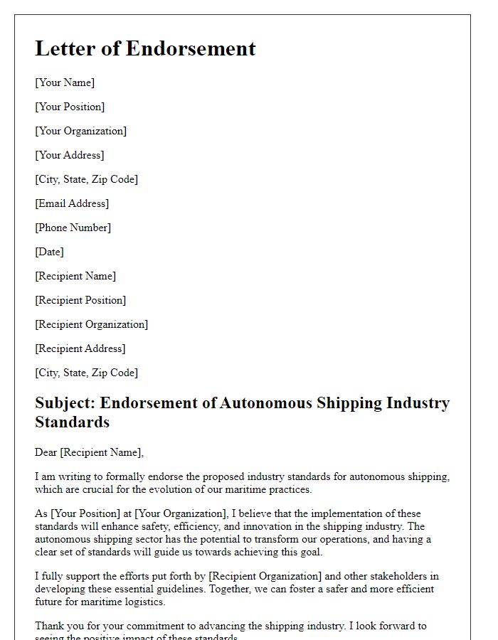 Letter template of endorsement for autonomous shipping industry standards