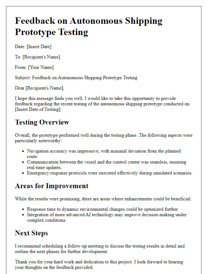 Letter template of feedback on autonomous shipping prototype testing